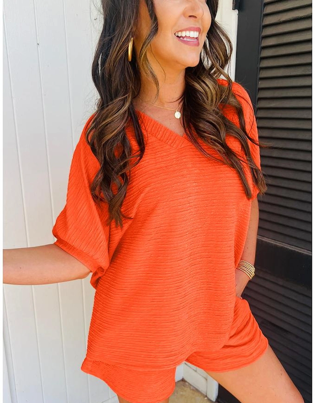 Orange Textured V Neck T Shirt and Shorts Set, 15 of 14