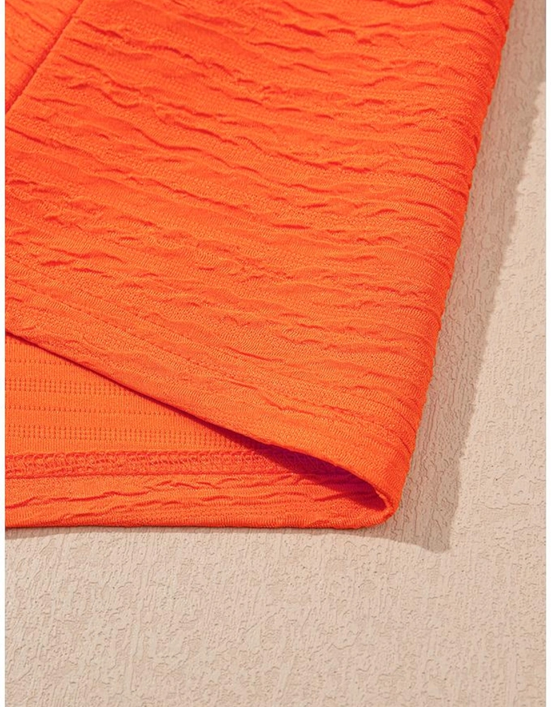 Orange Textured V Neck T Shirt and Shorts Set