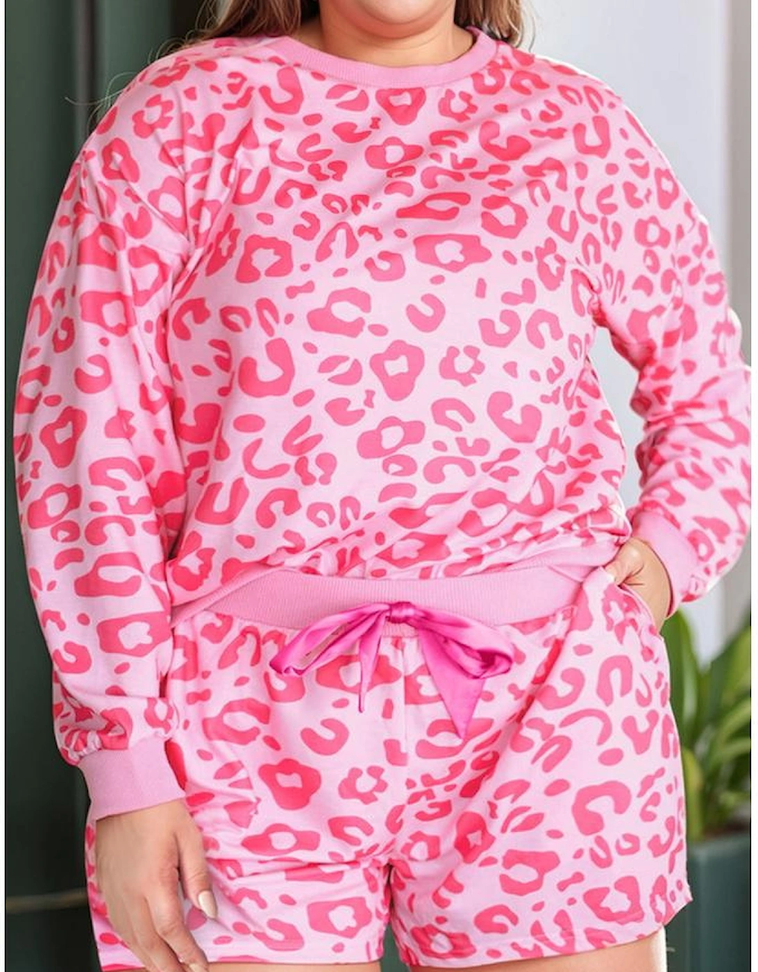 Azura Exchange Bonbon Leopard Long Sleeve Satin Tie Shorts Plus Size Outfit