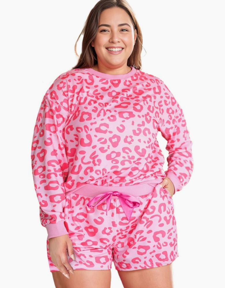 Azura Exchange Bonbon Leopard Long Sleeve Satin Tie Shorts Plus Size Outfit