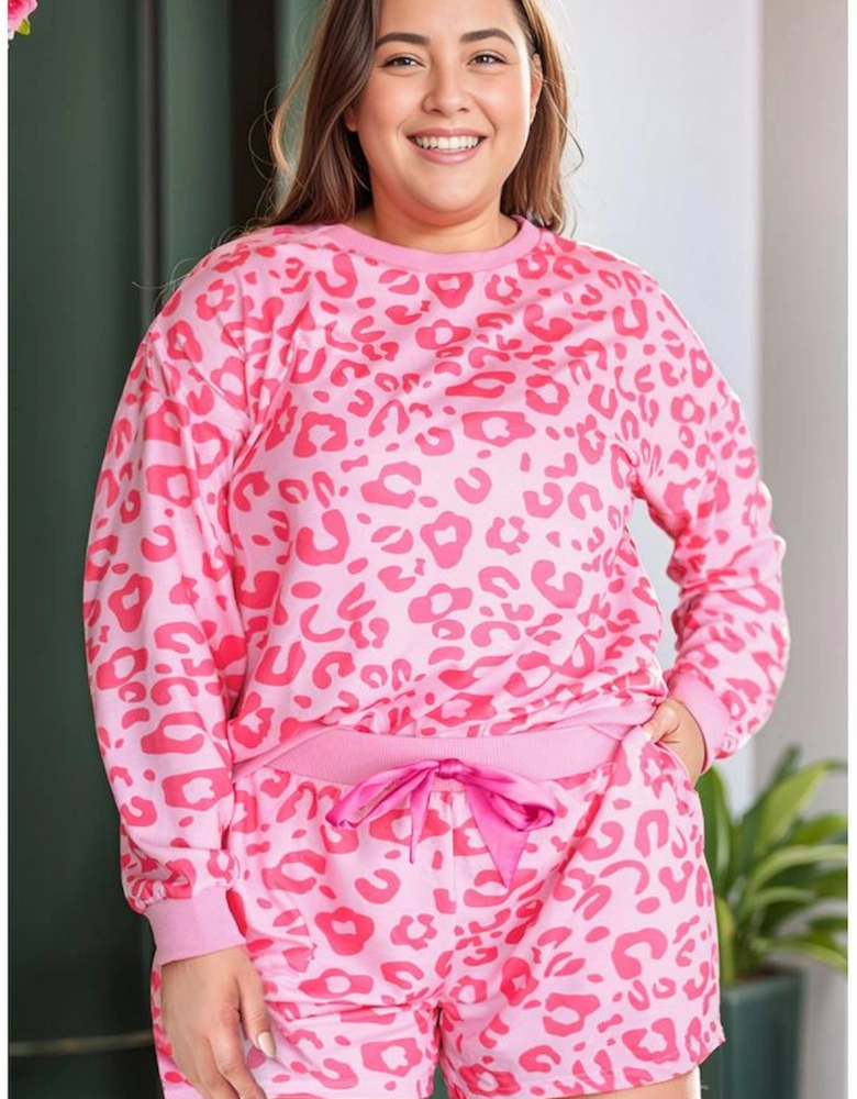 Azura Exchange Bonbon Leopard Long Sleeve Satin Tie Shorts Plus Size Outfit