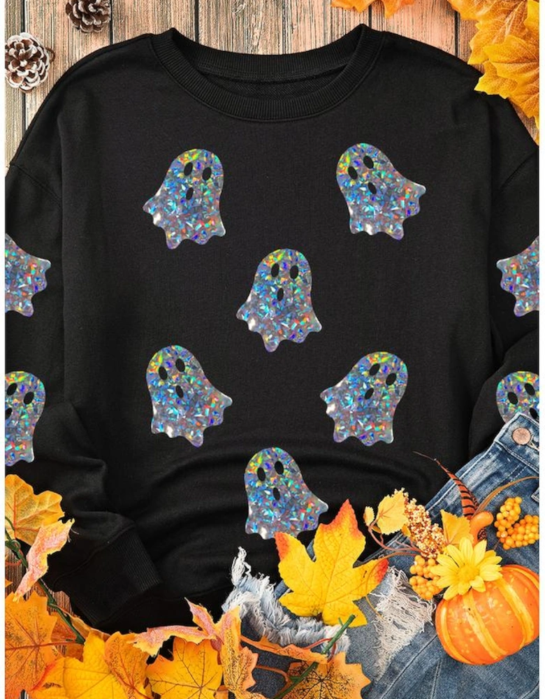 Black Glitter Ghosts Pattern Long Sleeve Halloween Sweatshirt