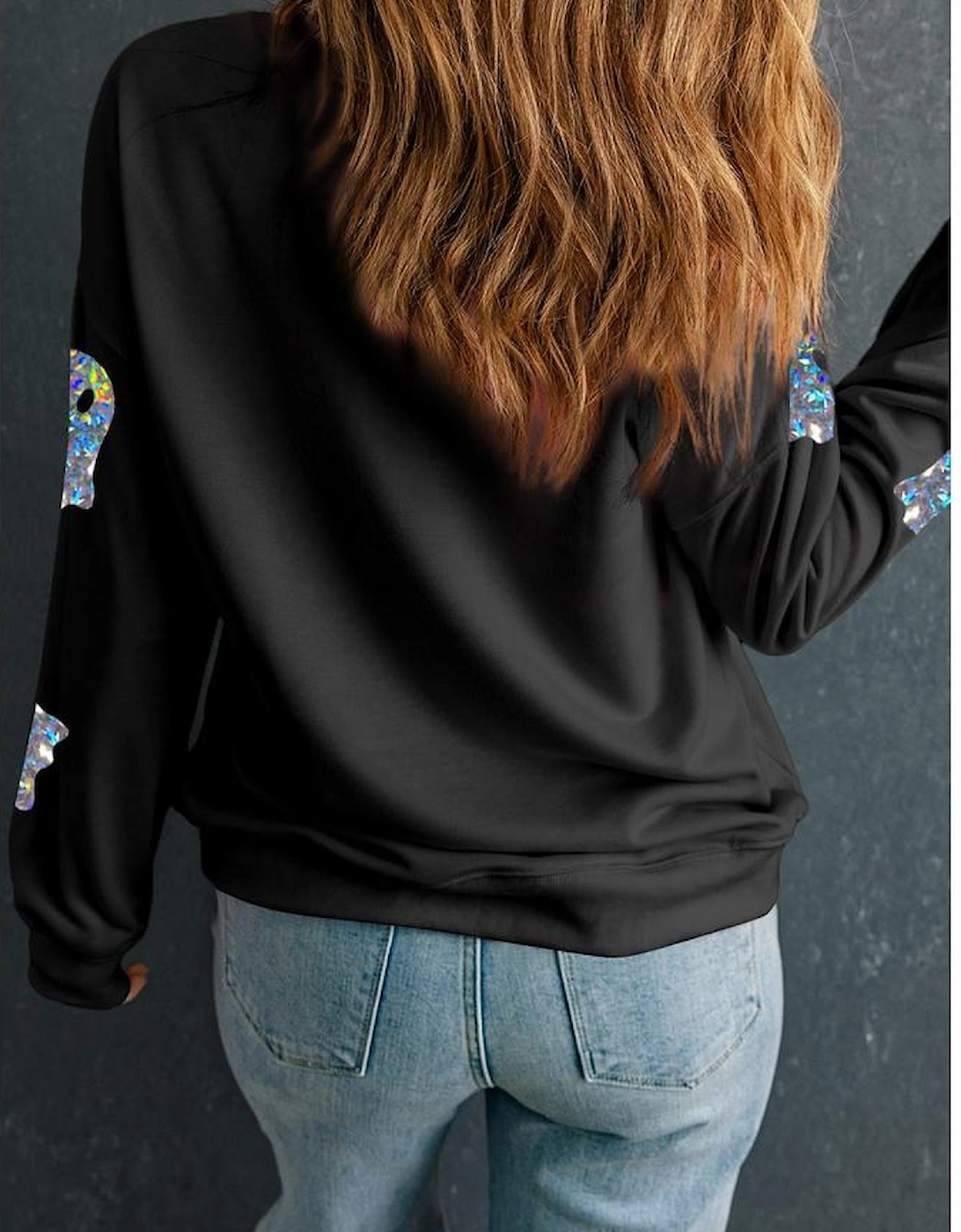 Black Glitter Ghosts Pattern Long Sleeve Halloween Sweatshirt