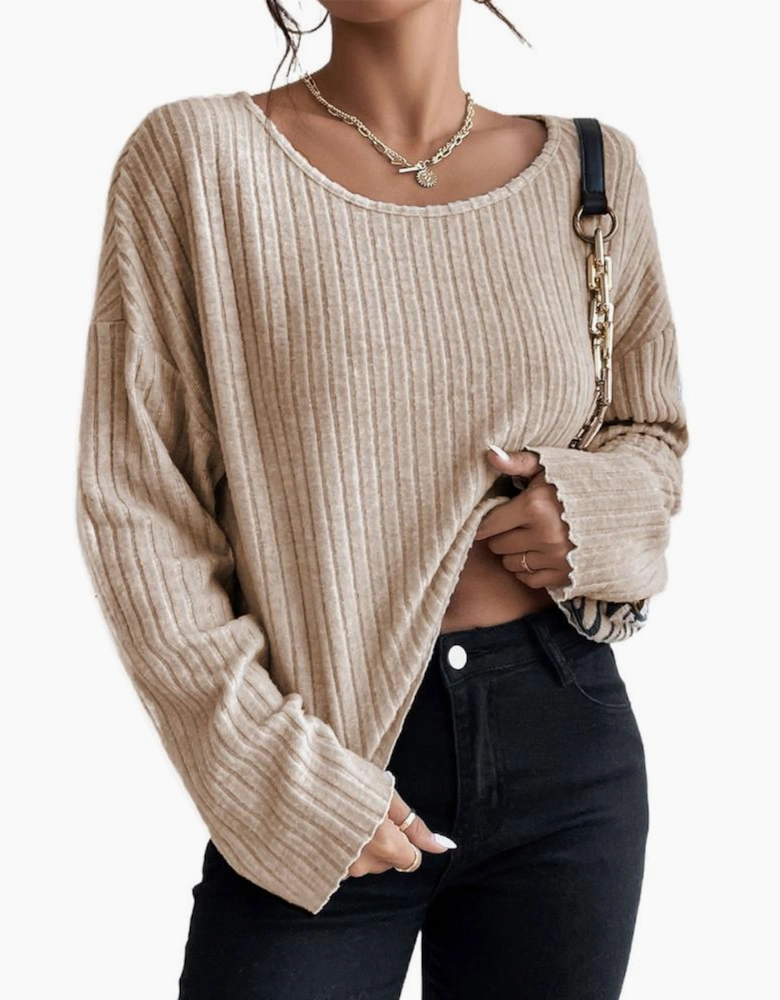 Beige Lettuce Cuffs Drop Shoulder Loose Ribbed Knit Top