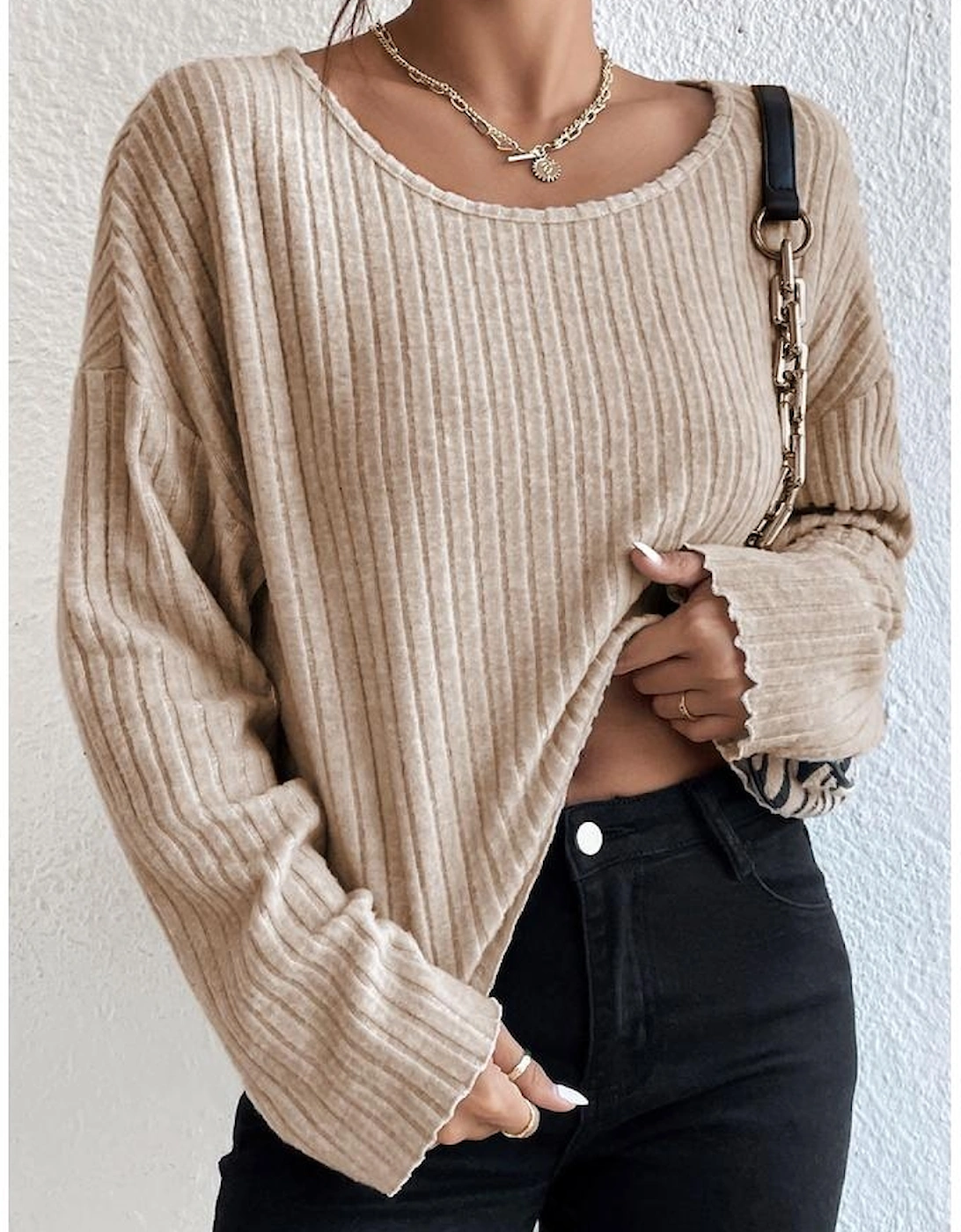 Beige Lettuce Cuffs Drop Shoulder Loose Ribbed Knit Top