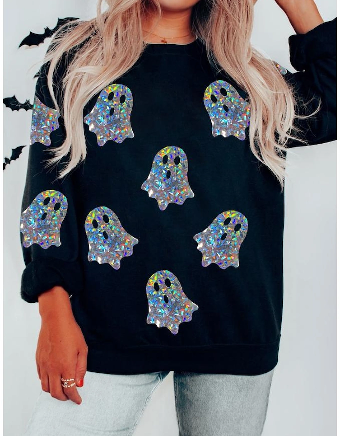 Black Glitter Ghosts Pattern Long Sleeve Halloween Sweatshirt
