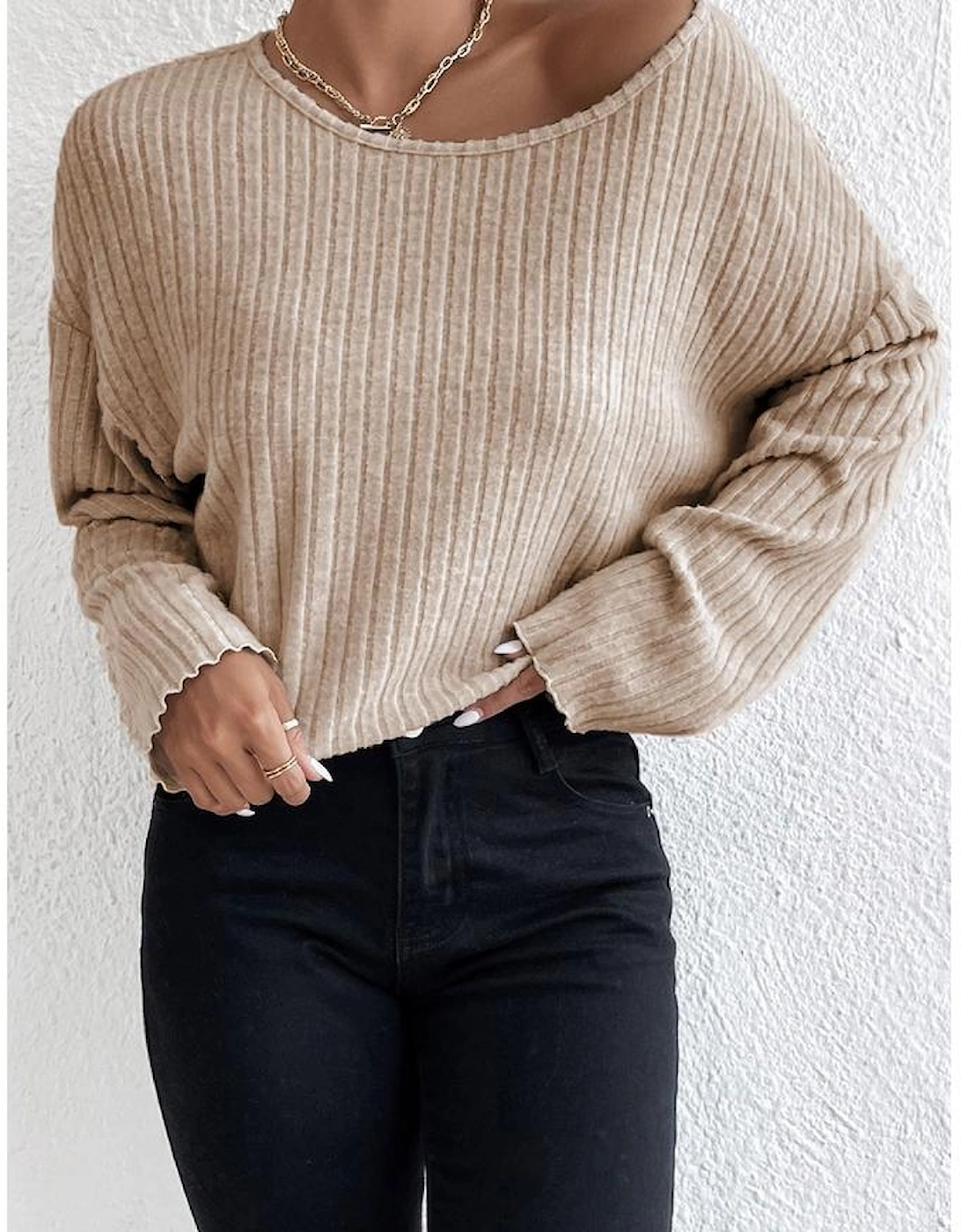 Beige Lettuce Cuffs Drop Shoulder Loose Ribbed Knit Top