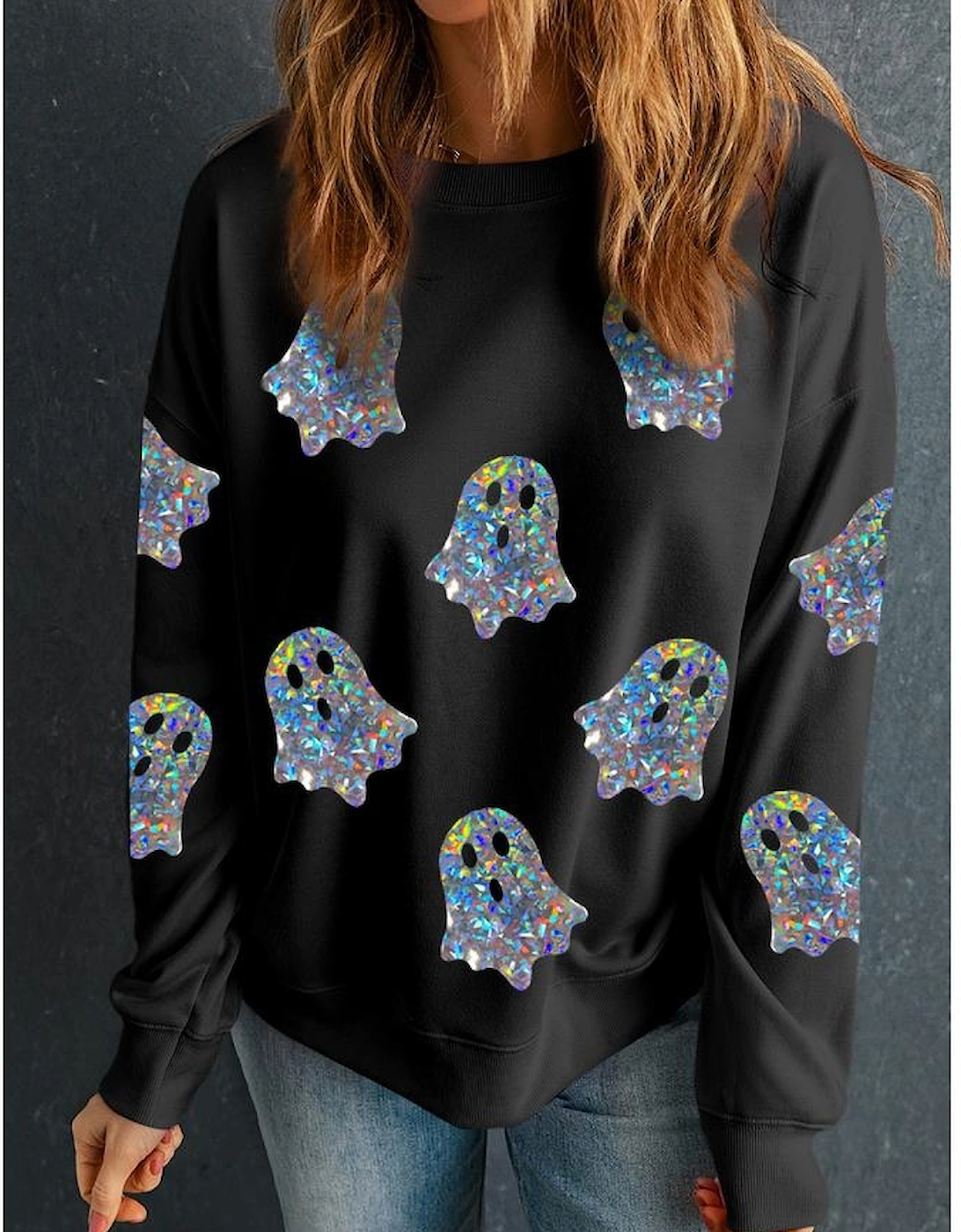 Black Glitter Ghosts Pattern Long Sleeve Halloween Sweatshirt, 5 of 4