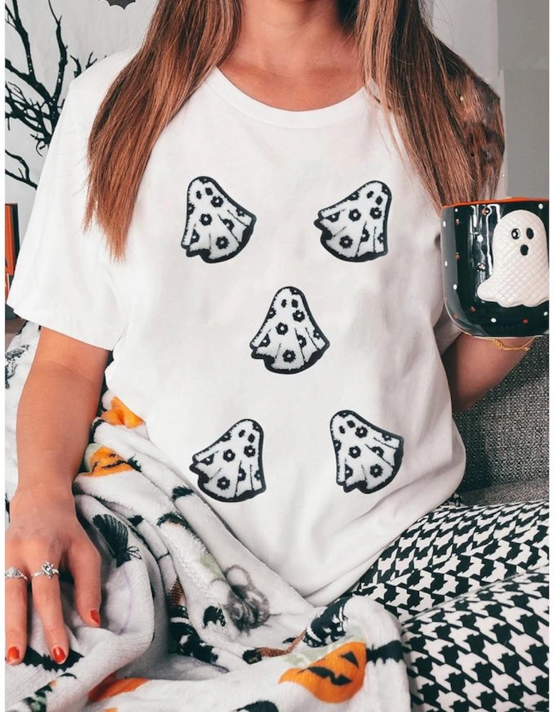 White Playful Ghost Patched Cotton Blend T Shirt