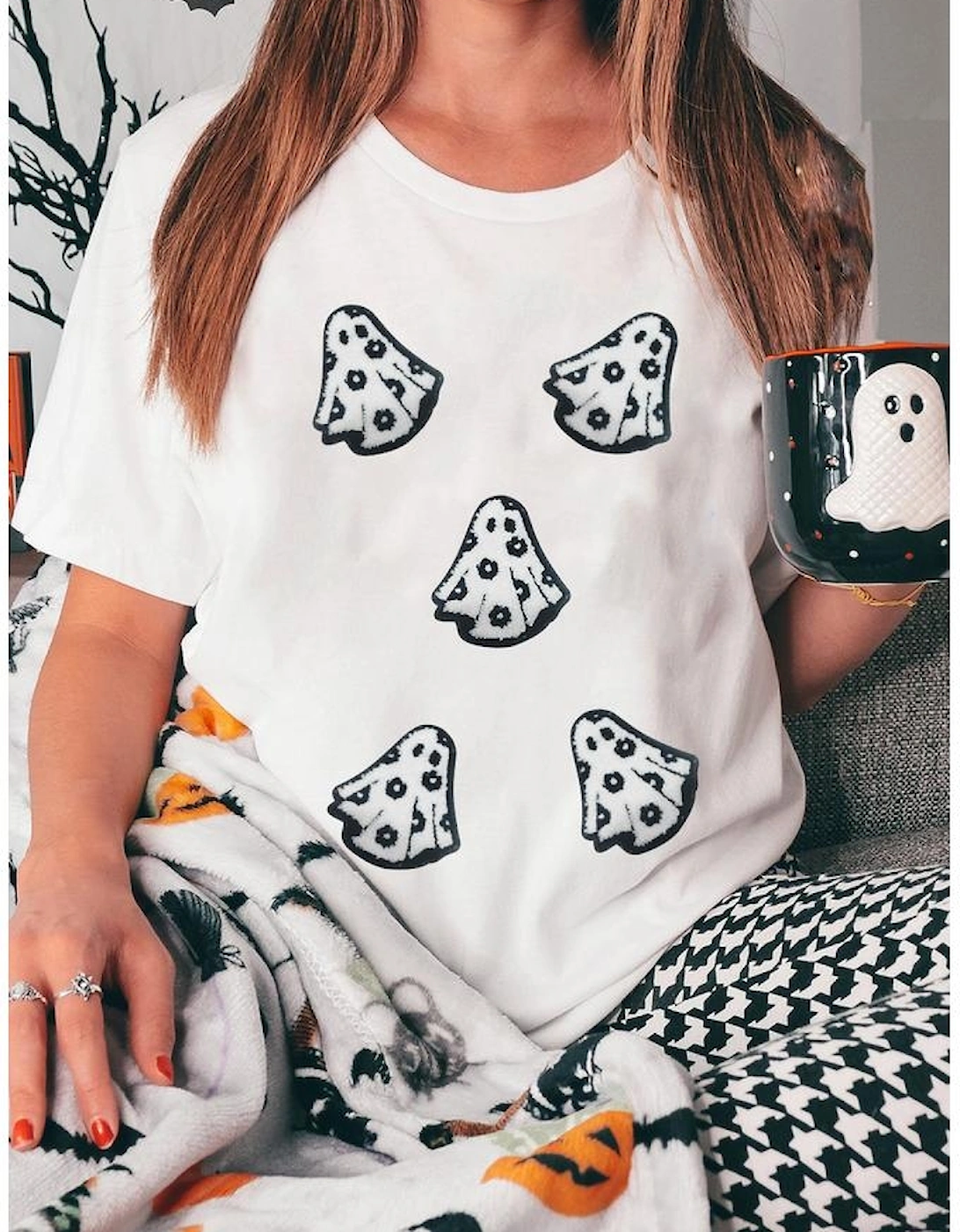 White Playful Ghost Patched Cotton Blend T Shirt