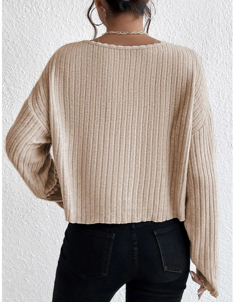 Beige Lettuce Cuffs Drop Shoulder Loose Ribbed Knit Top