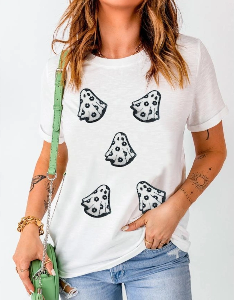 White Playful Ghost Patched Cotton Blend T Shirt