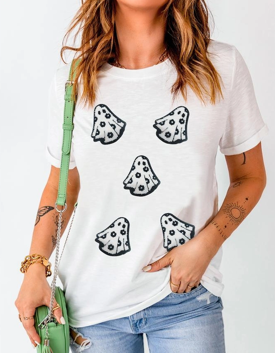 White Playful Ghost Patched Cotton Blend T Shirt