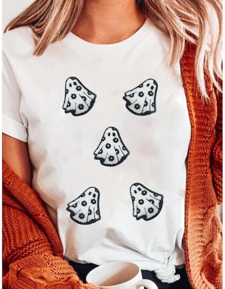 White Playful Ghost Patched Cotton Blend T Shirt