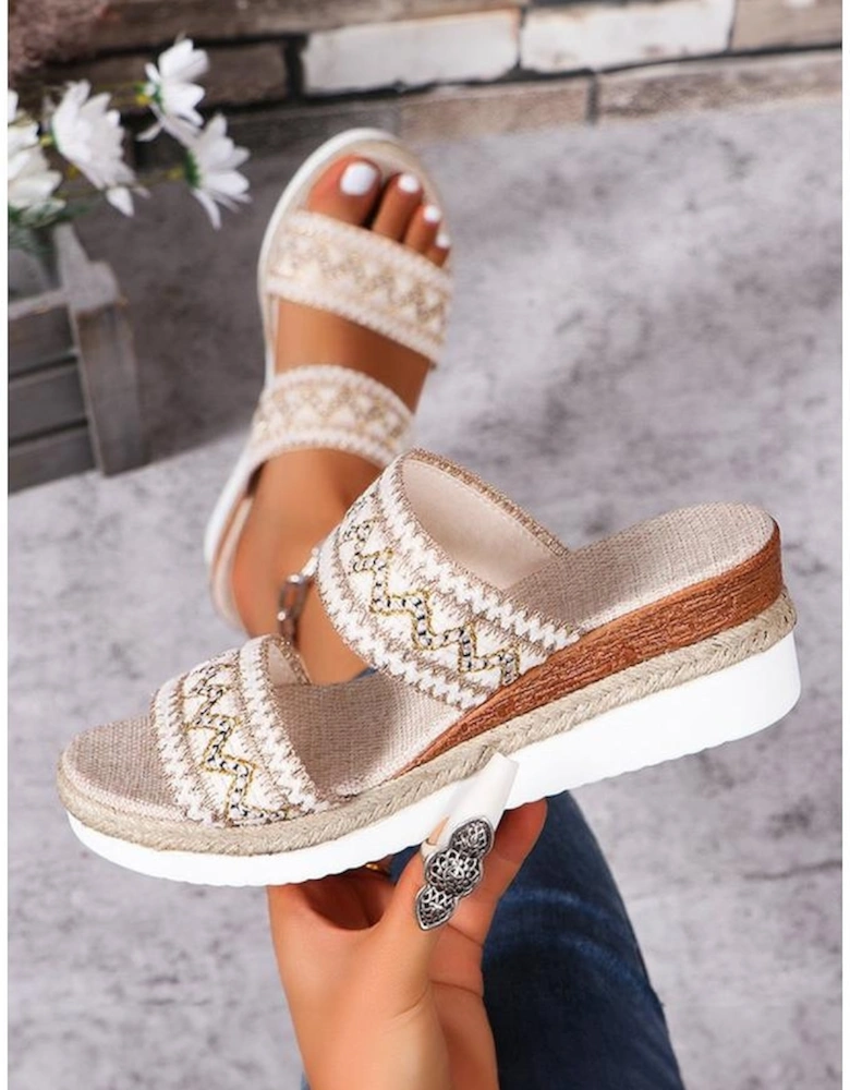 Beige Crochet Dual Band Wedge Slippers