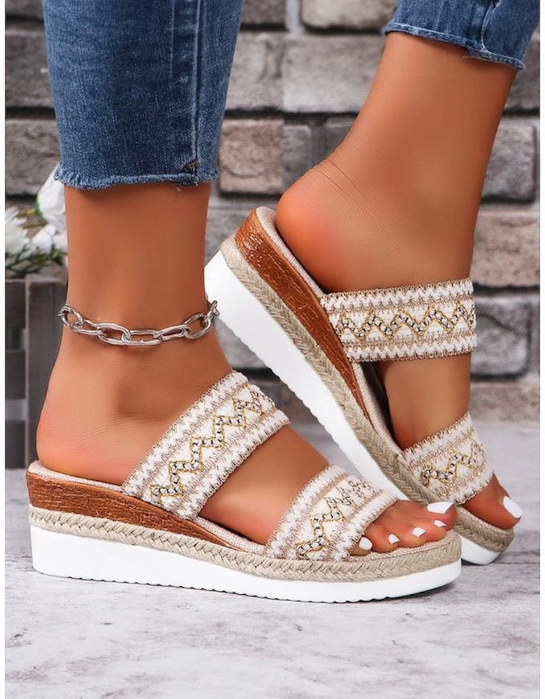 Beige Crochet Dual Band Wedge Slippers