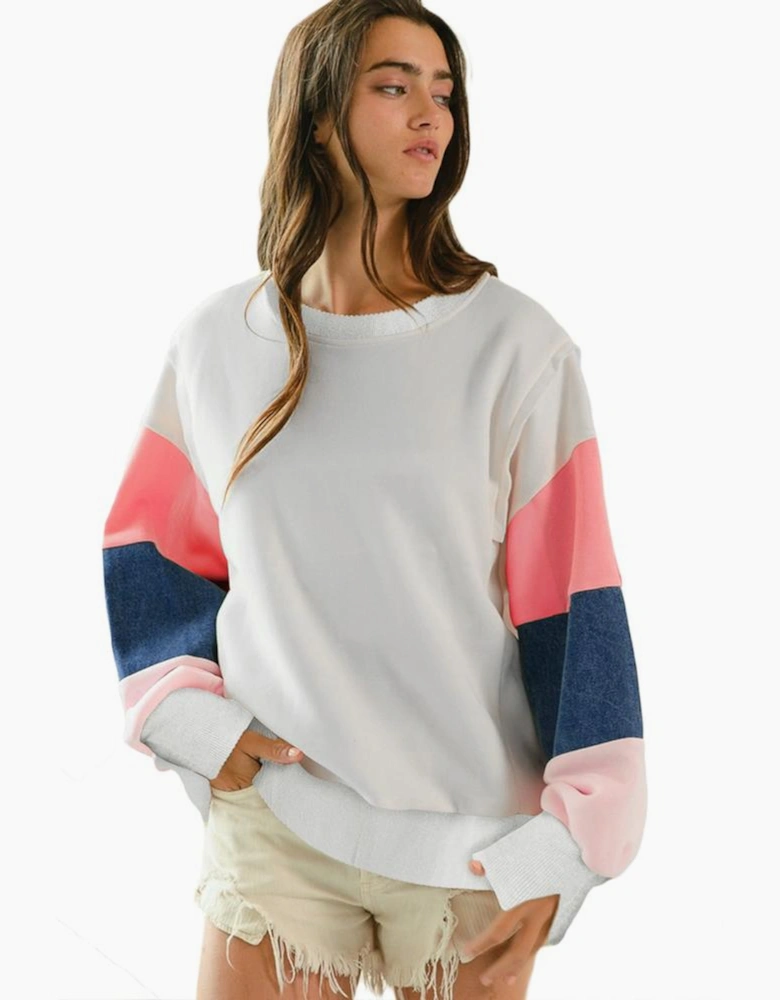 White French Terry Color Block Long Sleeve Top