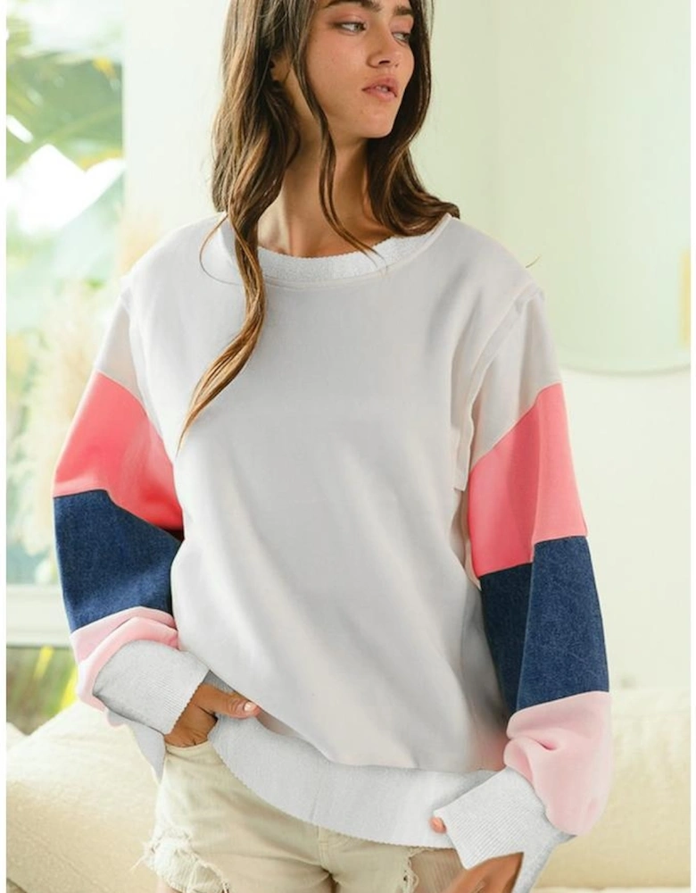 White French Terry Color Block Long Sleeve Top