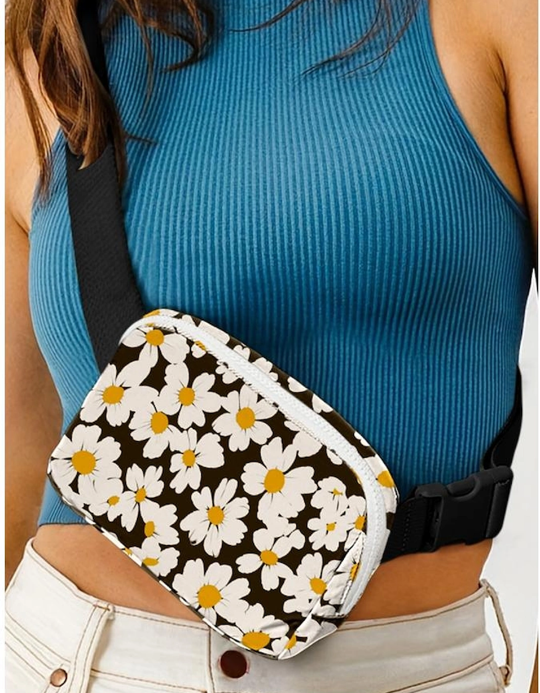 Black Daisy Printed Buckle Strap Crossbody Bag