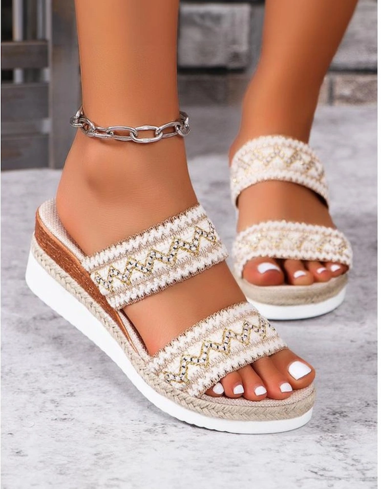 Beige Crochet Dual Band Wedge Slippers