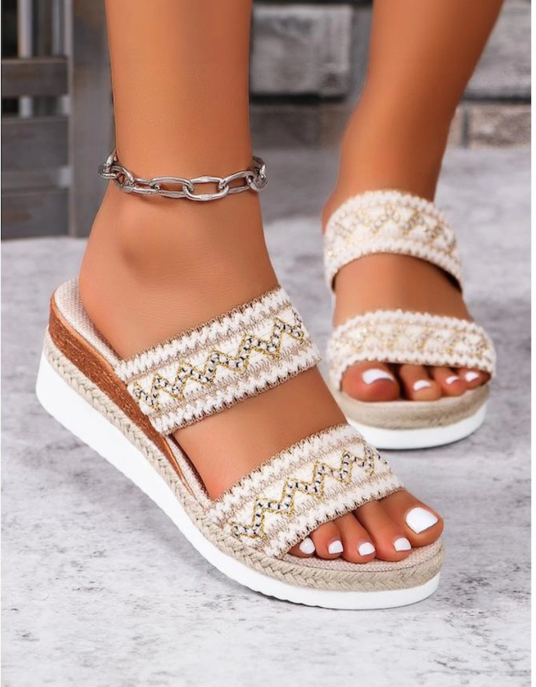Beige Crochet Dual Band Wedge Slippers