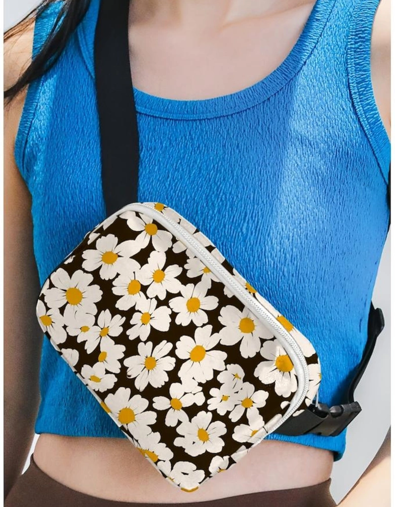 Black Daisy Printed Buckle Strap Crossbody Bag