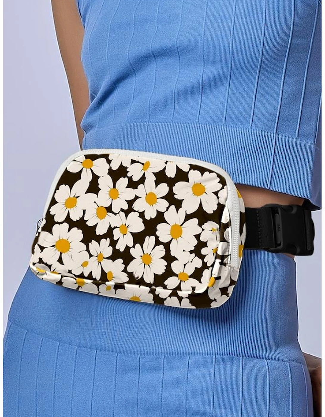 Black Daisy Printed Buckle Strap Crossbody Bag