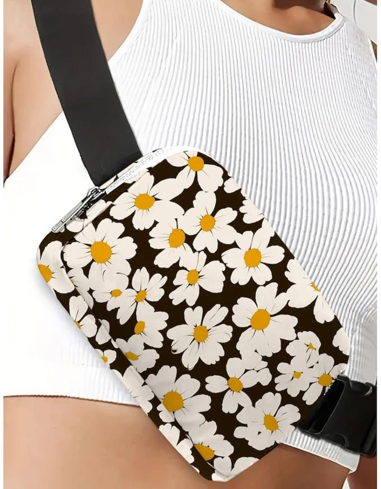 Black Daisy Printed Buckle Strap Crossbody Bag