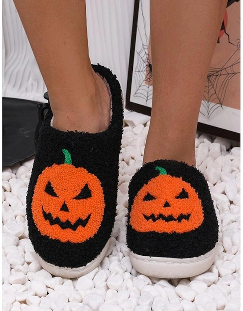 Black Halloween Pumpkin Print Plush Slippers