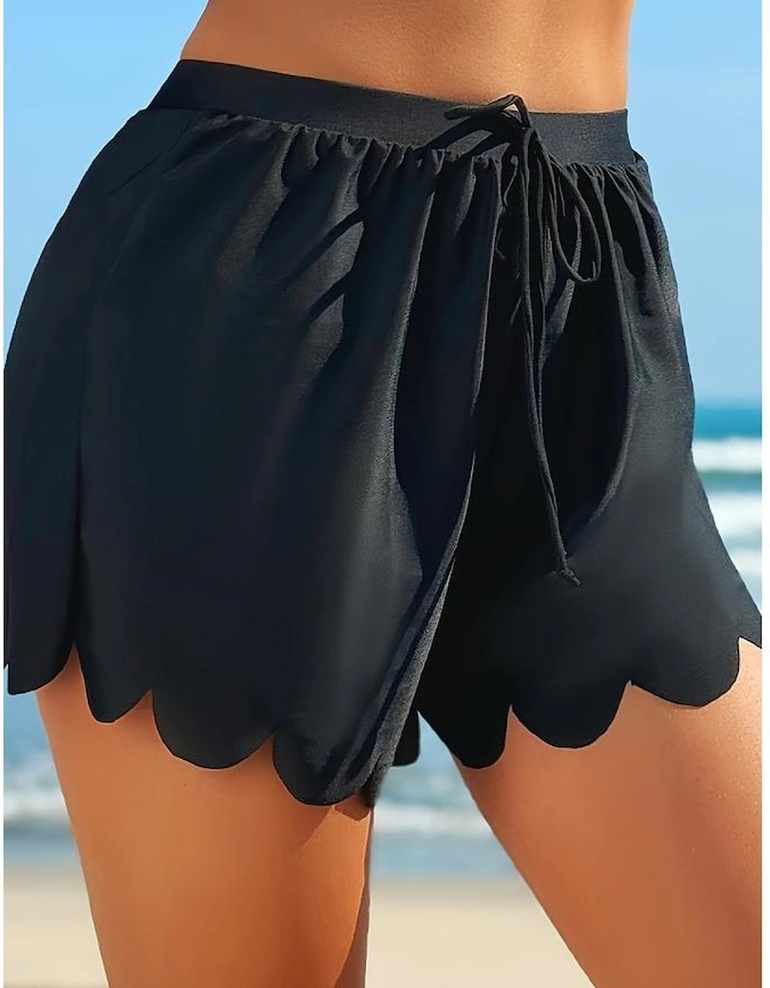 Black Scalloped Trim Beach Shorts