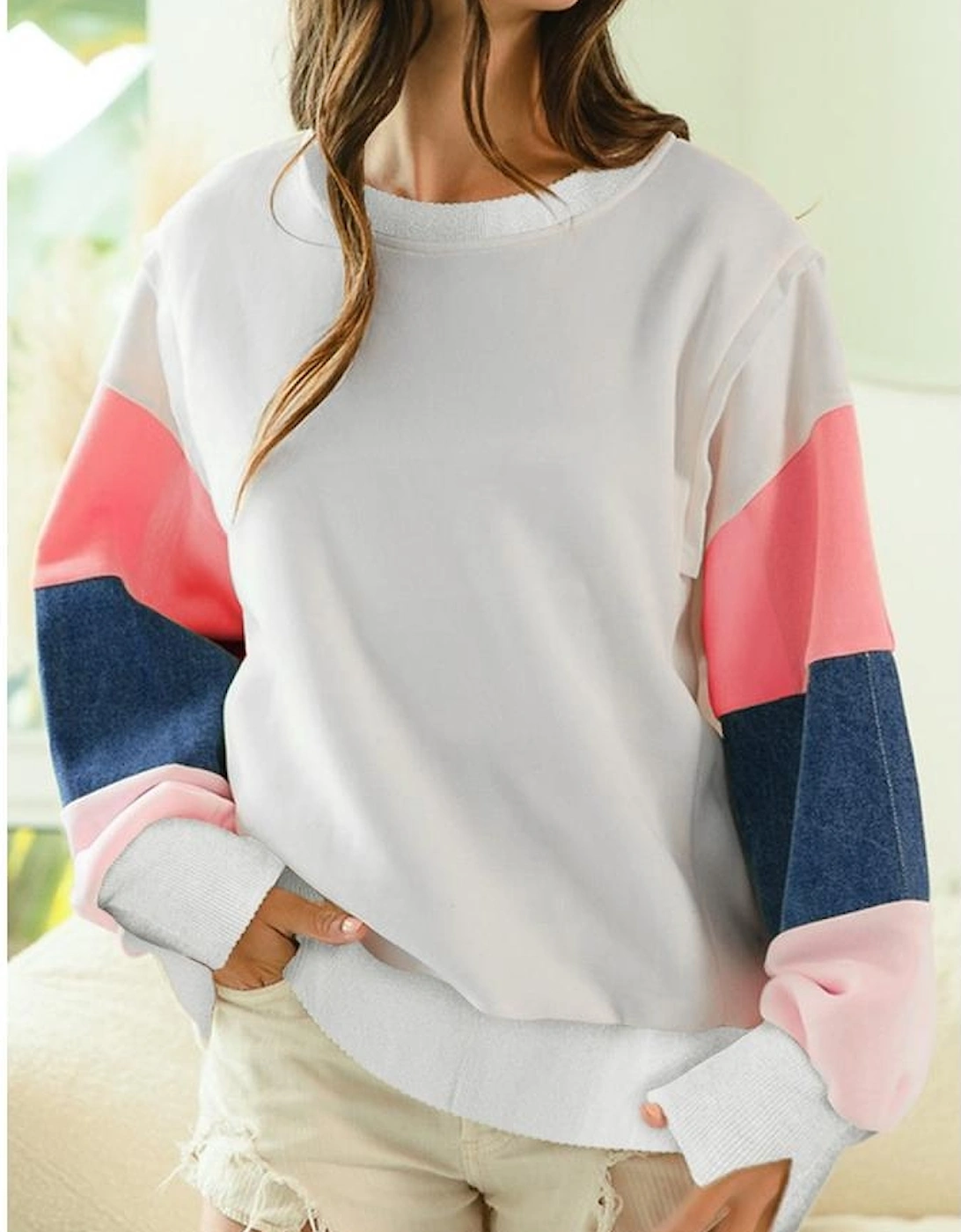 White French Terry Color Block Long Sleeve Top