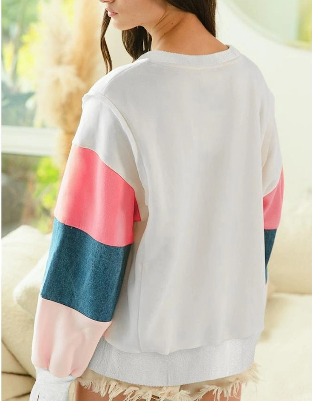 White French Terry Color Block Long Sleeve Top