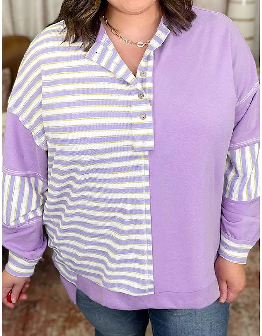 Purple Stripe Patchwork Buttoned Drop Shoulder Plus Size Pullover, 2 of 1