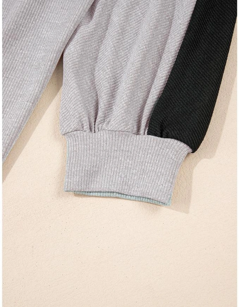 Gray Colorblock Ribbed Collared Oversized Sweatshirt