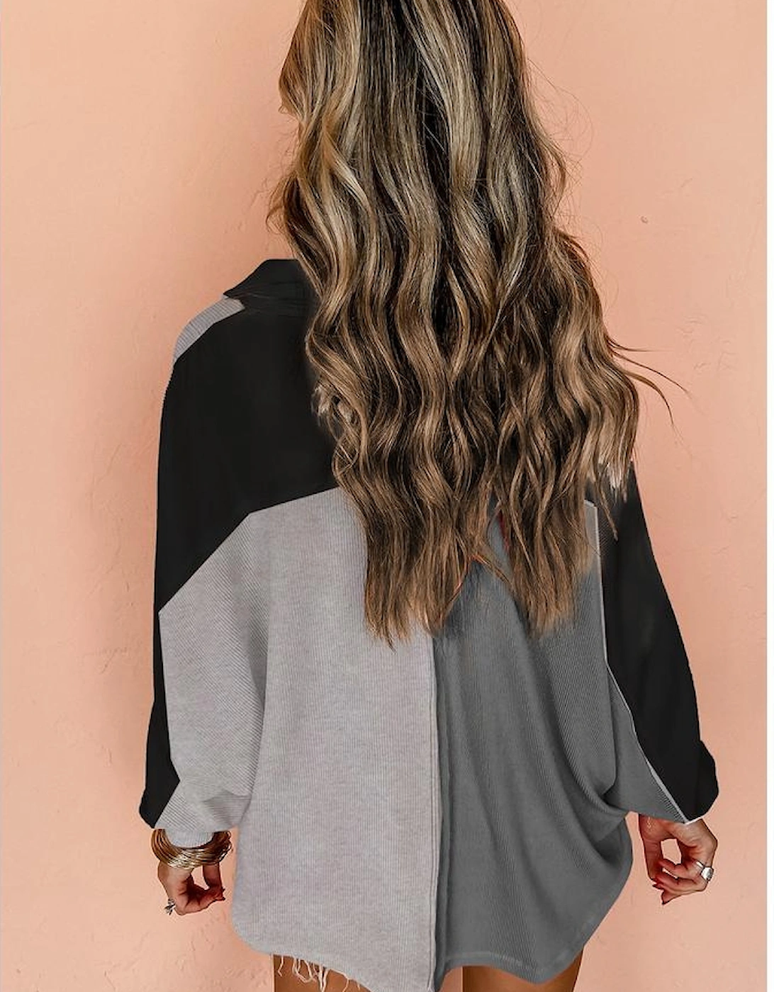 Gray Colorblock Ribbed Collared Oversized Sweatshirt