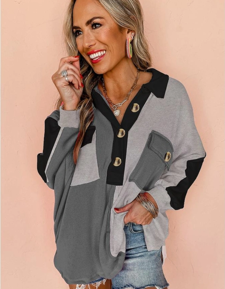 Gray Colorblock Ribbed Collared Oversized Sweatshirt