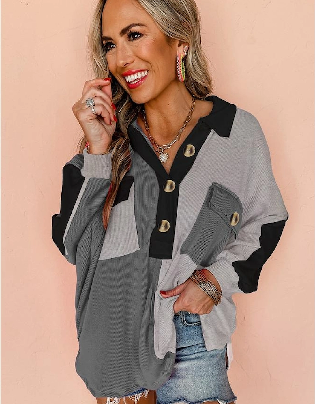 Gray Colorblock Ribbed Collared Oversized Sweatshirt