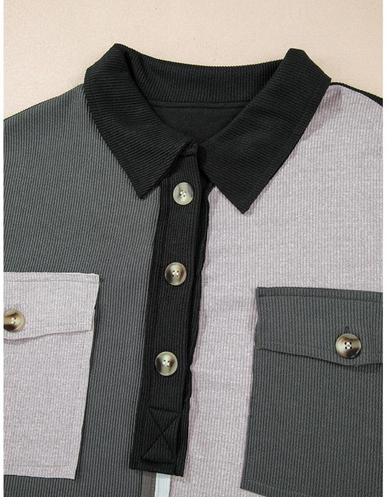 Gray Colorblock Ribbed Collared Oversized Sweatshirt