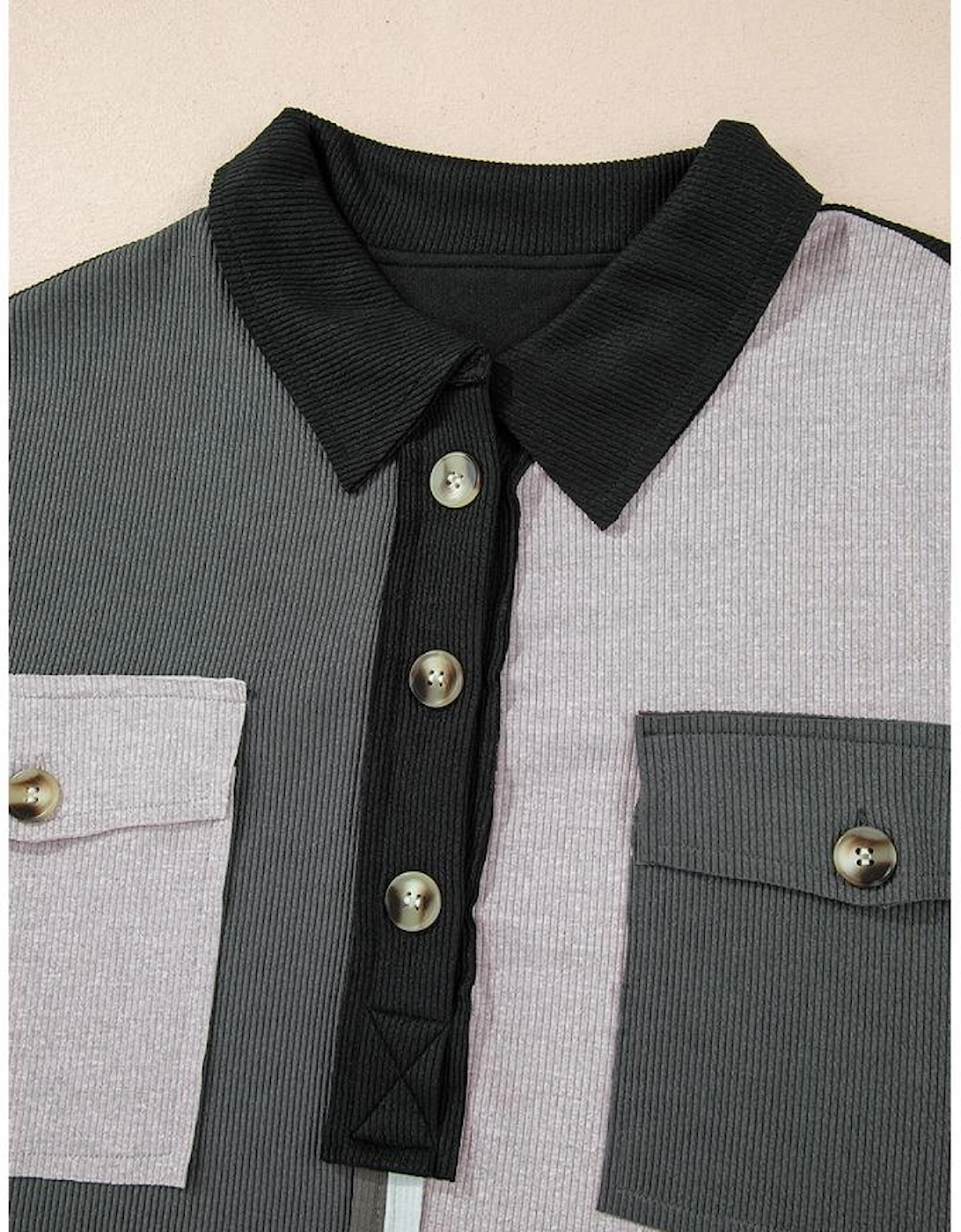 Gray Colorblock Ribbed Collared Oversized Sweatshirt