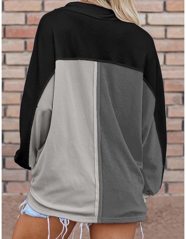 Gray Colorblock Ribbed Collared Oversized Sweatshirt