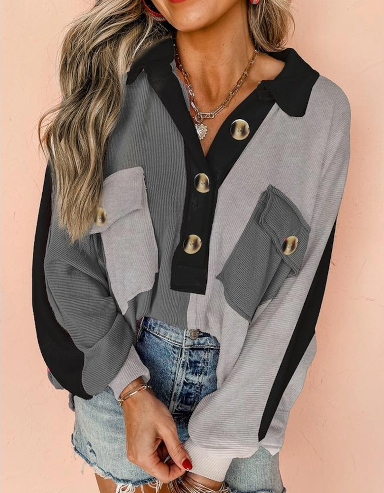 Gray Colorblock Ribbed Collared Oversized Sweatshirt