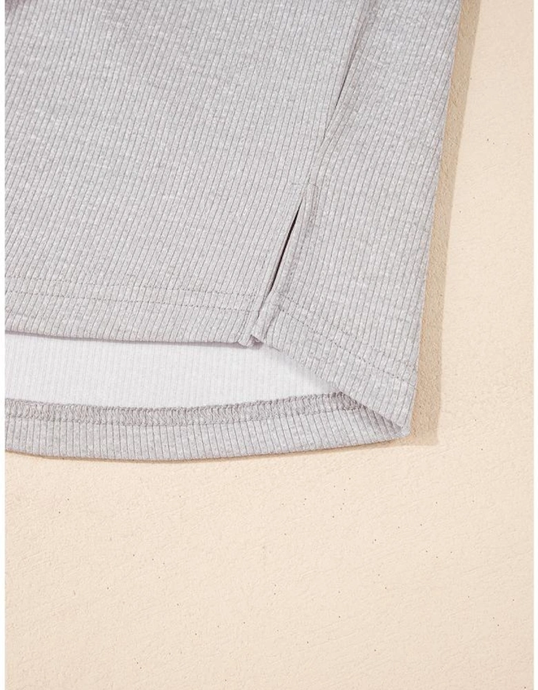 Gray Colorblock Ribbed Collared Oversized Sweatshirt