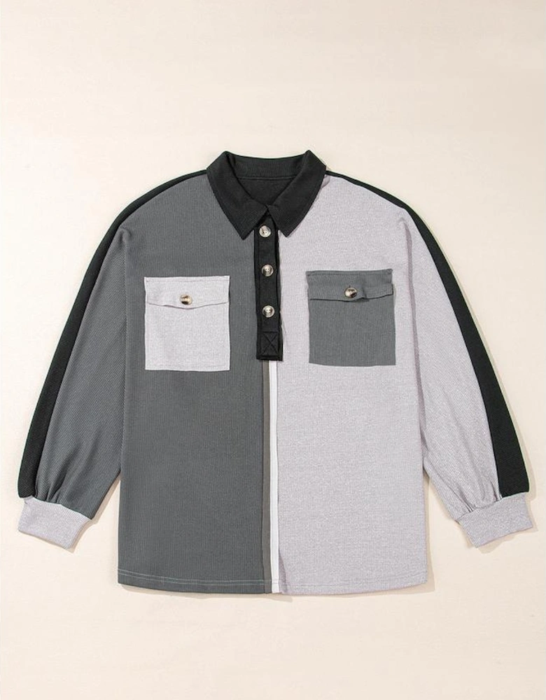 Gray Colorblock Ribbed Collared Oversized Sweatshirt