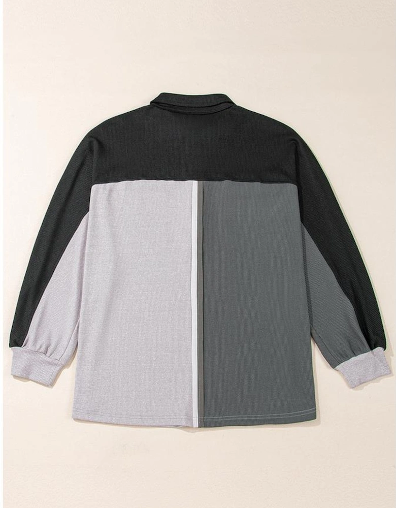 Gray Colorblock Ribbed Collared Oversized Sweatshirt