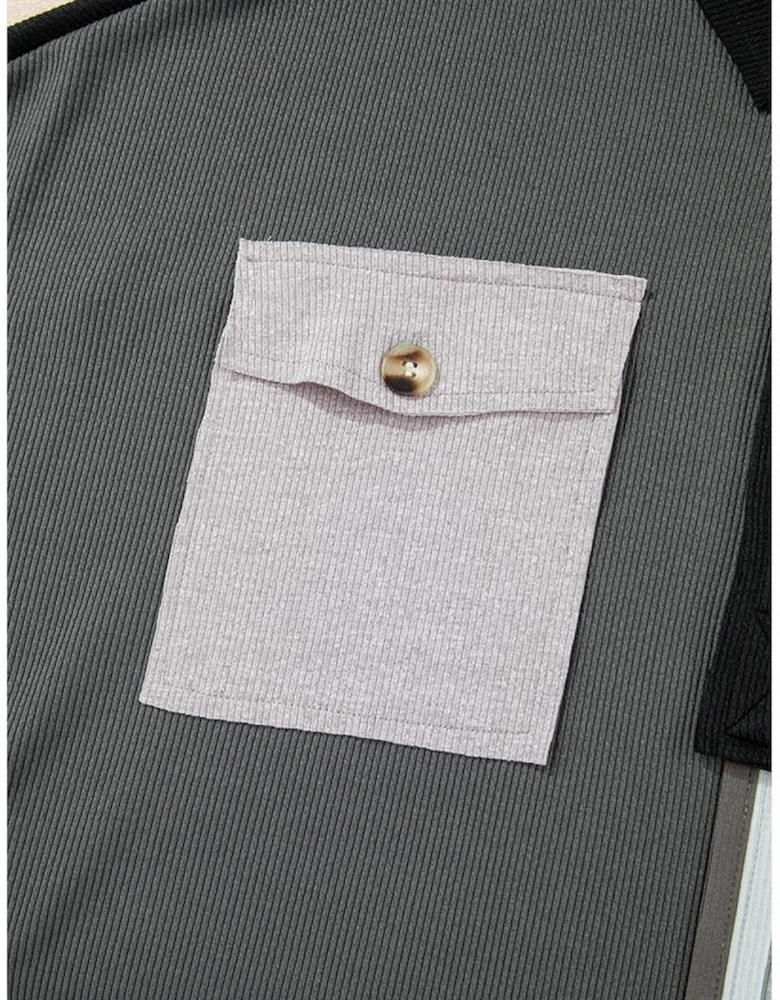 Gray Colorblock Ribbed Collared Oversized Sweatshirt