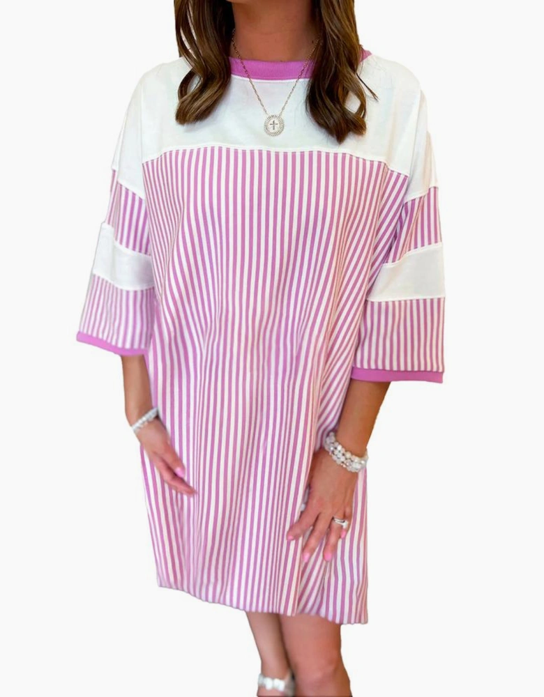 Phalaenopsis Striped Patchwork Three Quarters Sleeve Loose Mini Dress