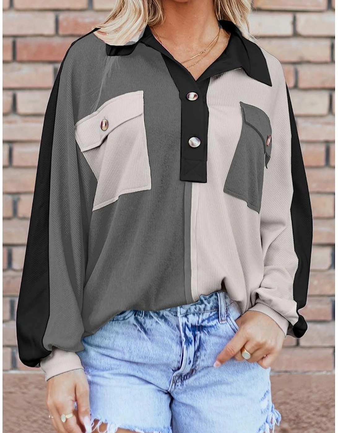 Gray Colorblock Ribbed Collared Oversized Sweatshirt