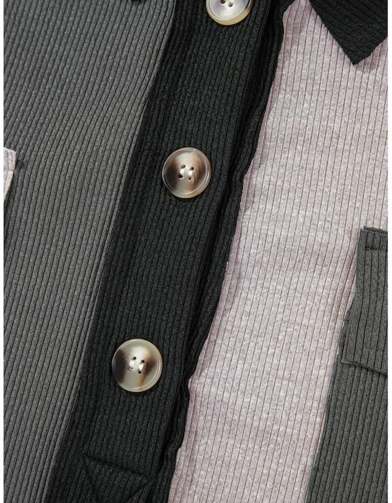 Gray Colorblock Ribbed Collared Oversized Sweatshirt