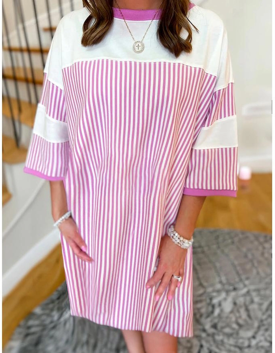 Phalaenopsis Striped Patchwork Three Quarters Sleeve Loose Mini Dress
