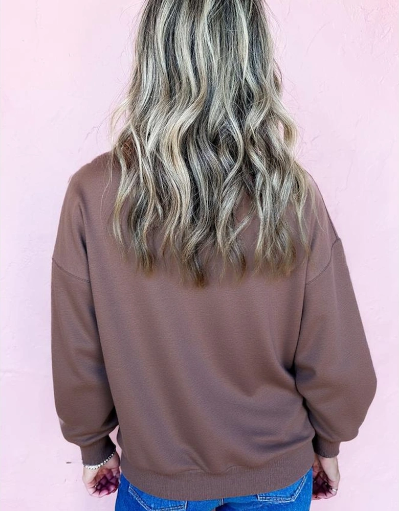 Dark Khaki Contrast Terry Bow Pattern Drop Shoulder Sweatshirt